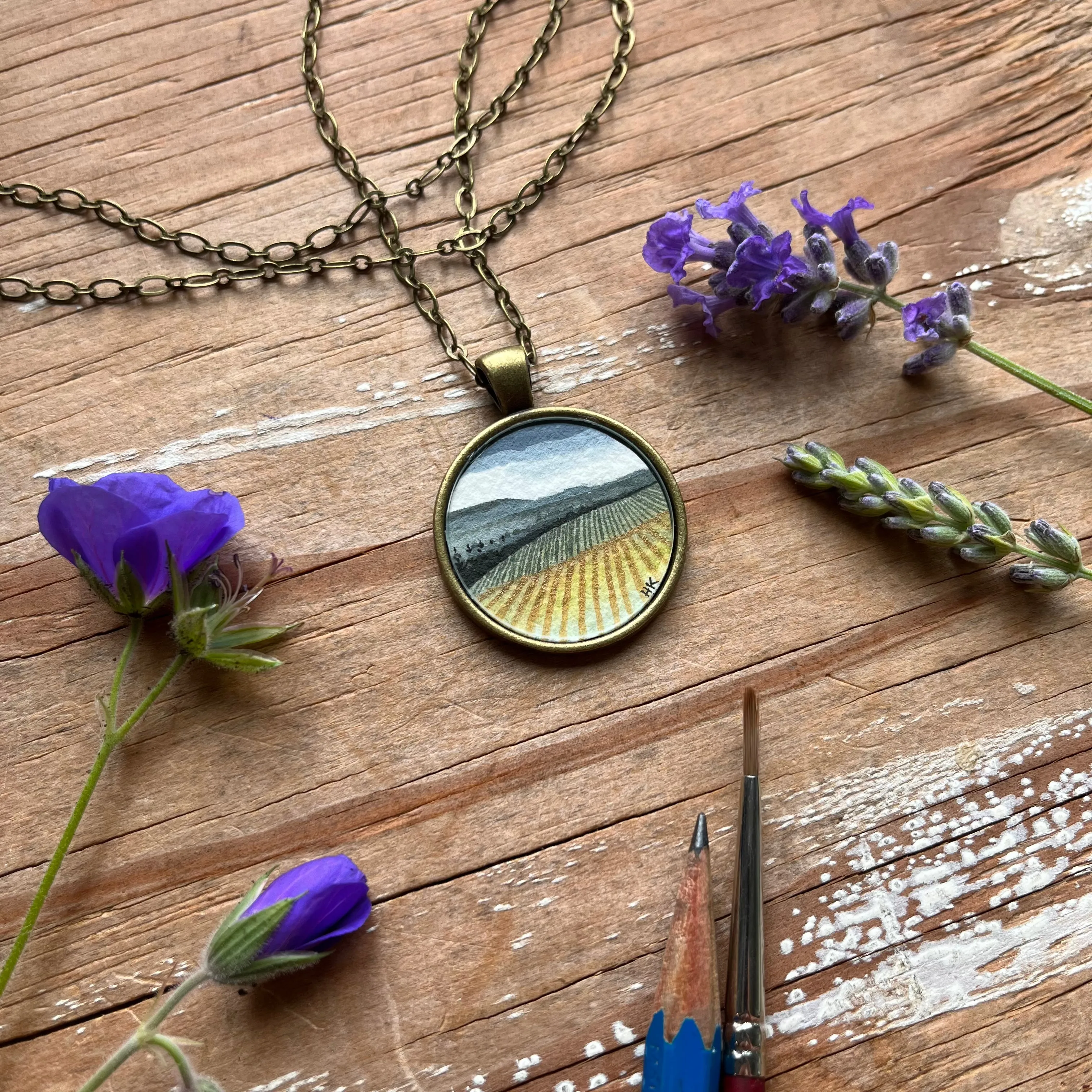 Landscape Art, Golden Vineyard on a Hill, Hand Painted Necklace, Original Watercolor Painting