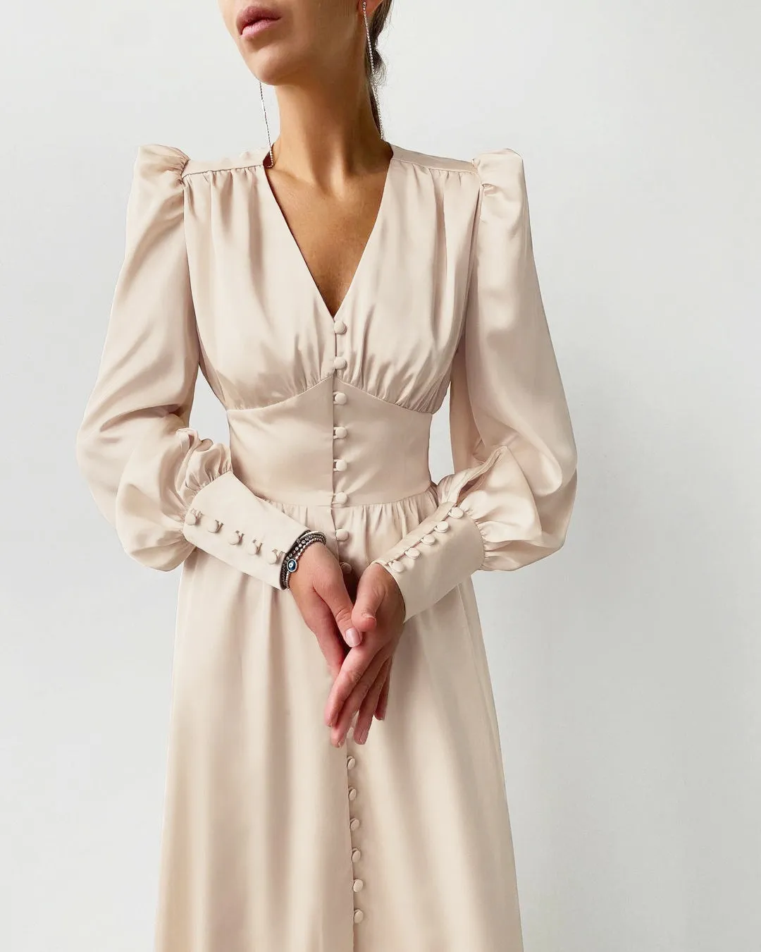 Lantern Bubble Sleeve Satin Midi Dresses Black