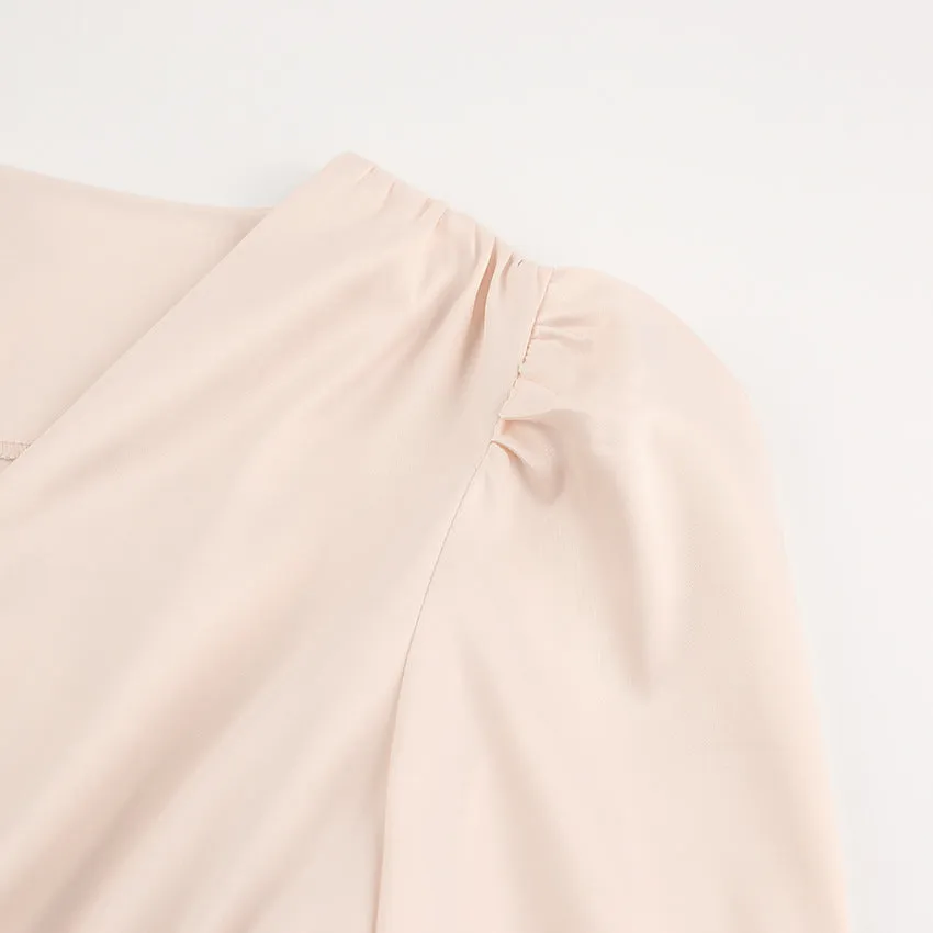 Lantern Bubble Sleeve Satin Midi Dresses Black