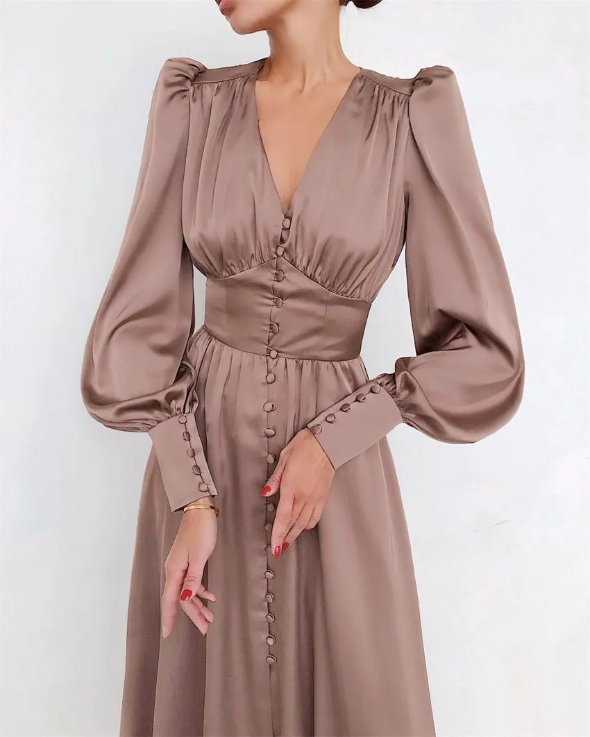 Lantern Bubble Sleeve Satin Midi Dresses Black
