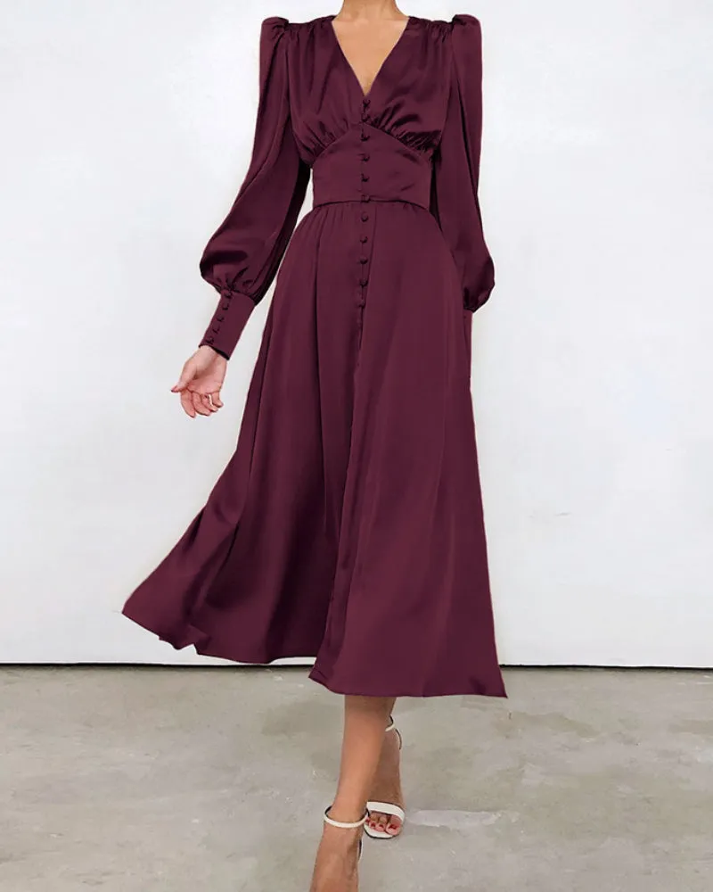 Lantern Bubble Sleeve Satin Midi Dresses Black