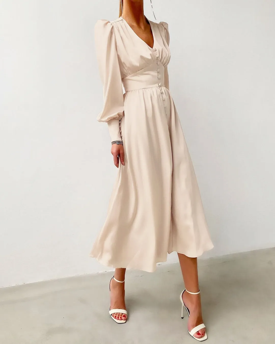 Lantern Bubble Sleeve Satin Midi Dresses Black