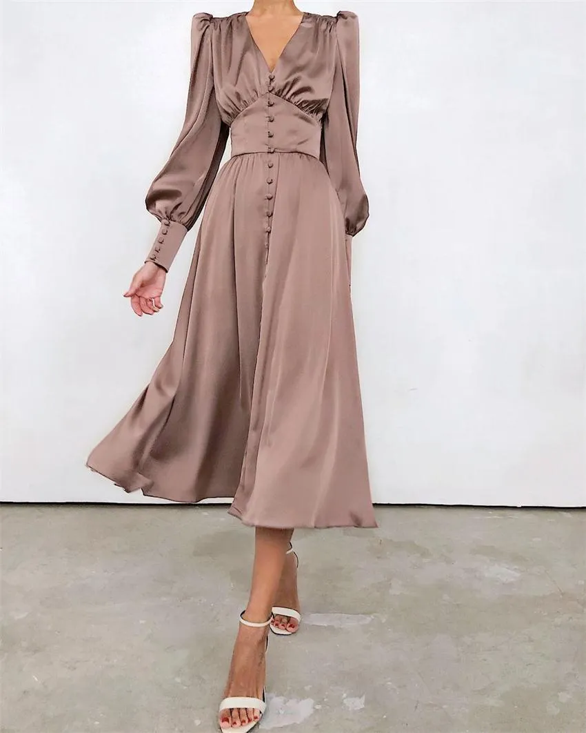 Lantern Bubble Sleeve Satin Midi Dresses Black