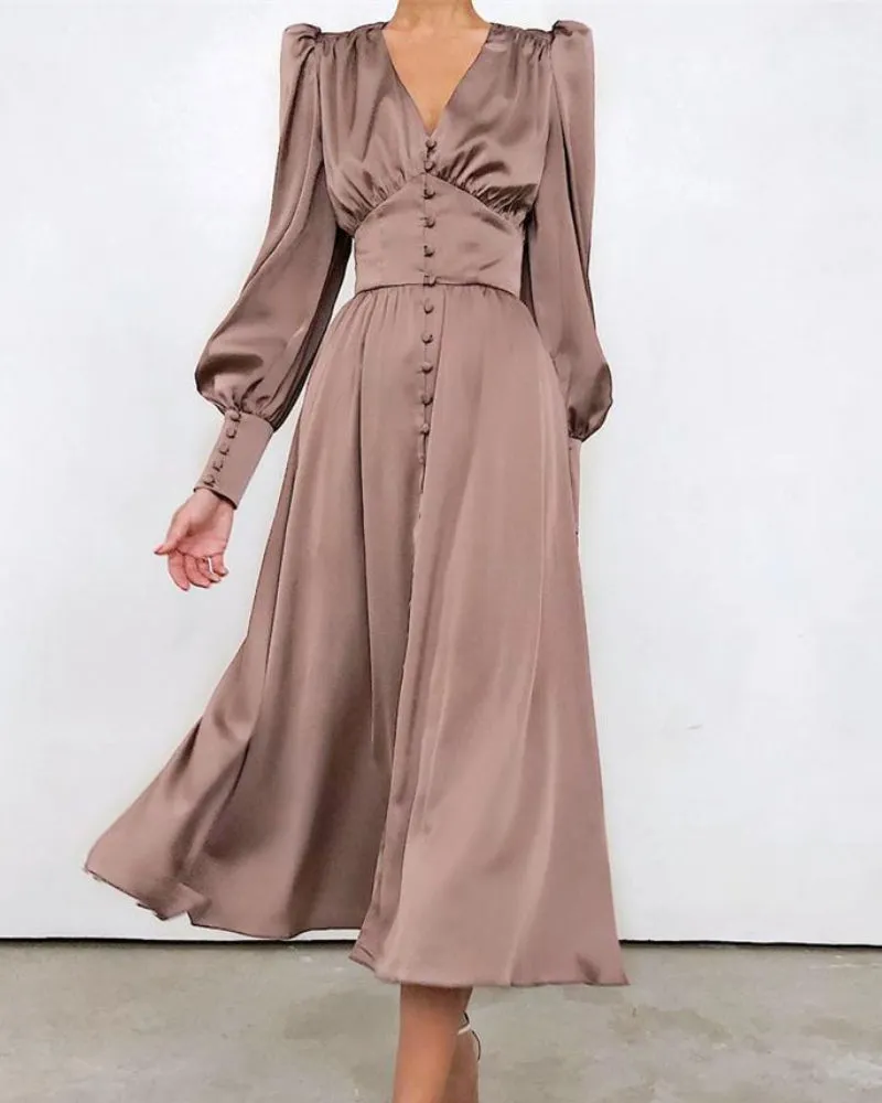 Lantern Bubble Sleeve Satin Midi Dresses Black
