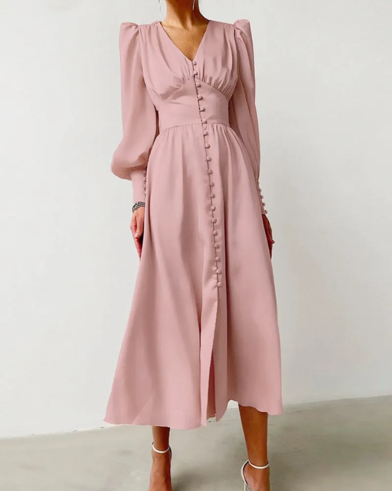 Lantern Bubble Sleeve Satin Midi Dresses Black