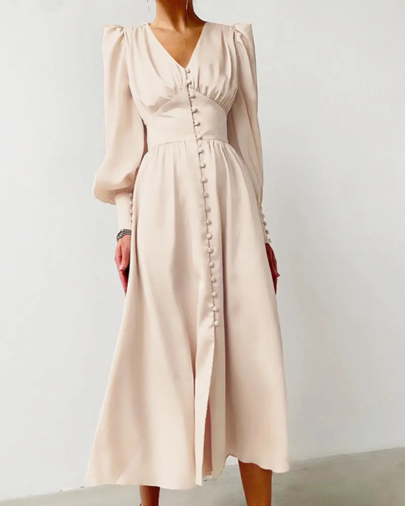 Lantern Bubble Sleeve Satin Midi Dresses Black