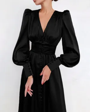 Lantern Bubble Sleeve Satin Midi Dresses Black