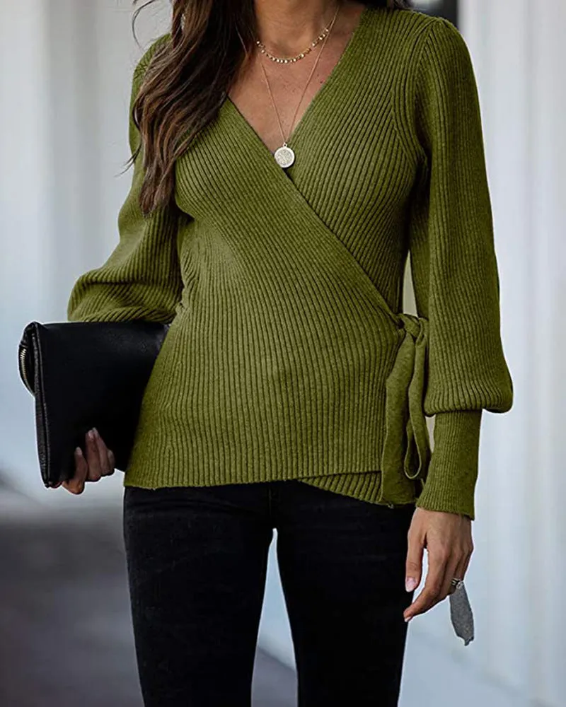 Lantern Sleeve Bow Tie V-neck Knit Sweaters Cardigans