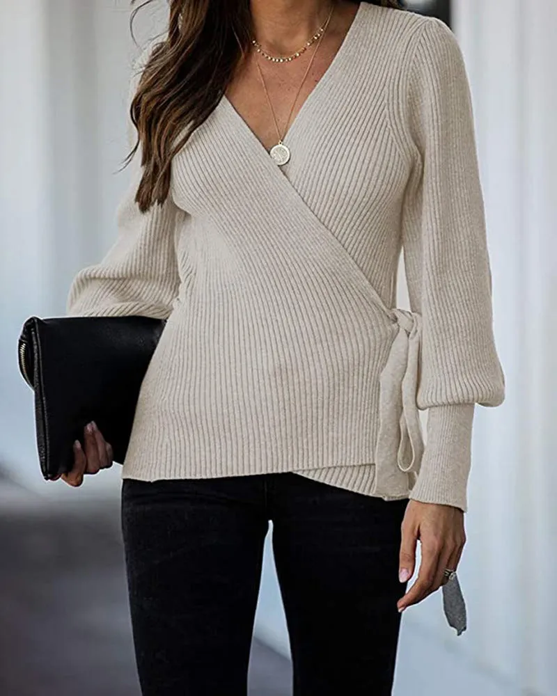 Lantern Sleeve Bow Tie V-neck Knit Sweaters Cardigans