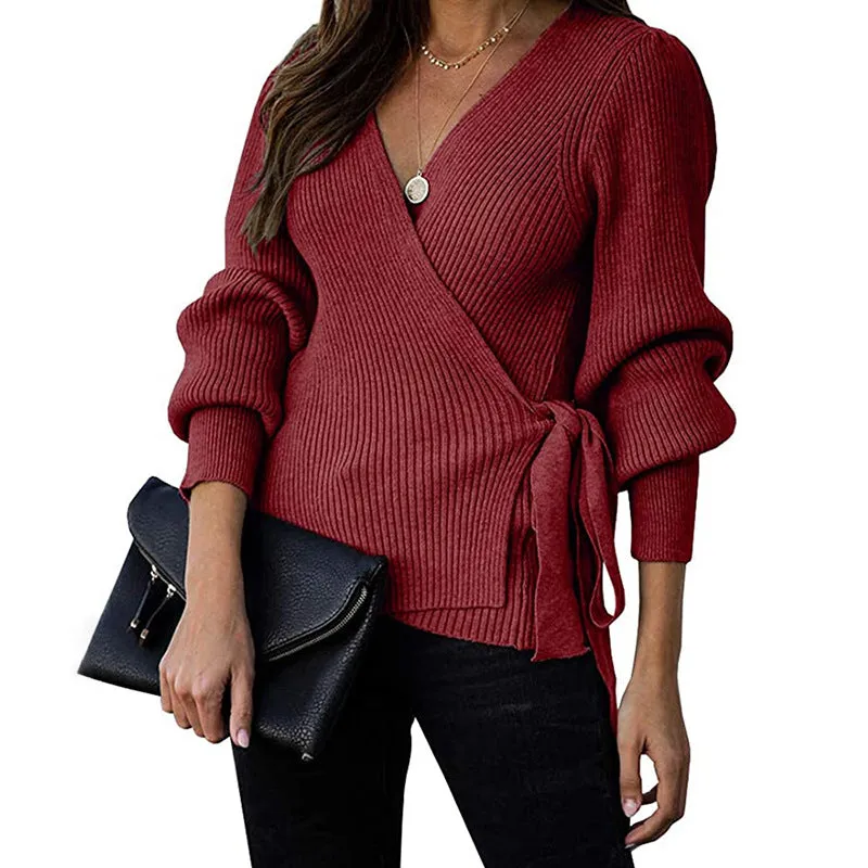 Lantern Sleeve Bow Tie V-neck Knit Sweaters Cardigans