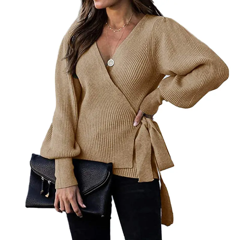 Lantern Sleeve Bow Tie V-neck Knit Sweaters Cardigans