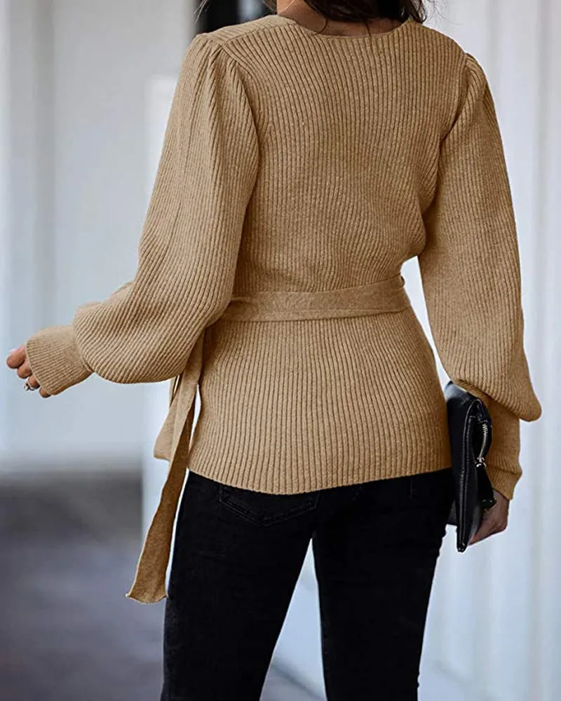 Lantern Sleeve Bow Tie V-neck Knit Sweaters Cardigans