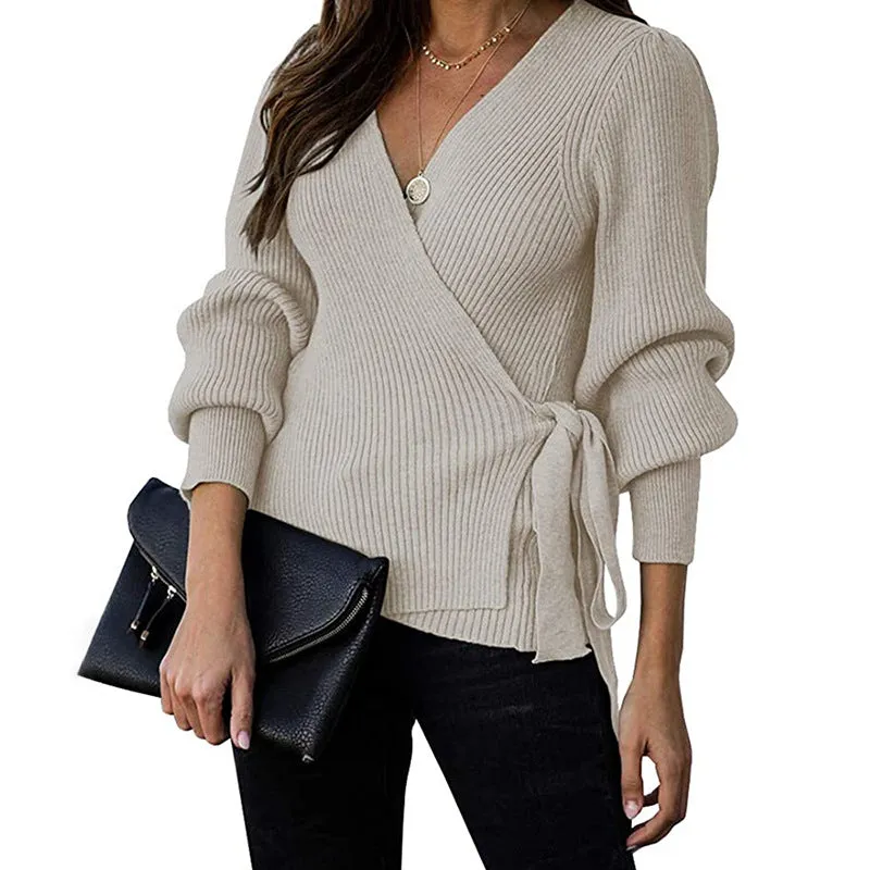Lantern Sleeve Bow Tie V-neck Knit Sweaters Cardigans