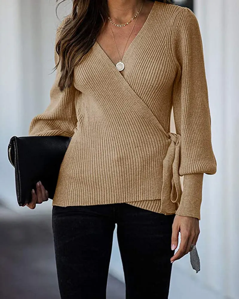 Lantern Sleeve Bow Tie V-neck Knit Sweaters Cardigans