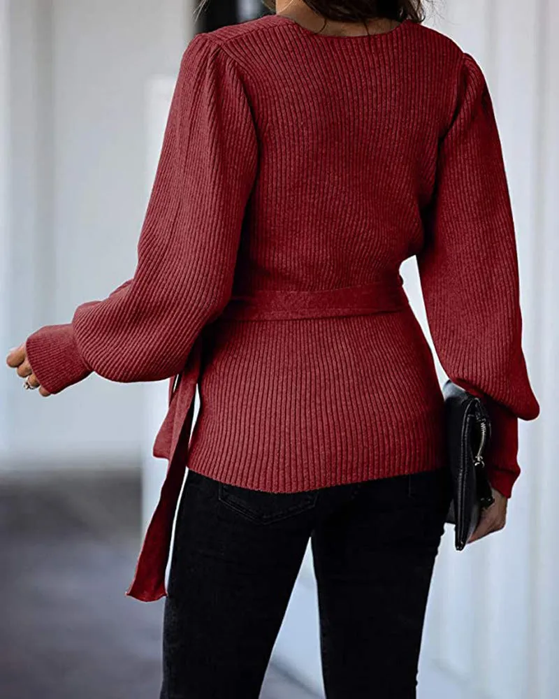 Lantern Sleeve Bow Tie V-neck Knit Sweaters Cardigans