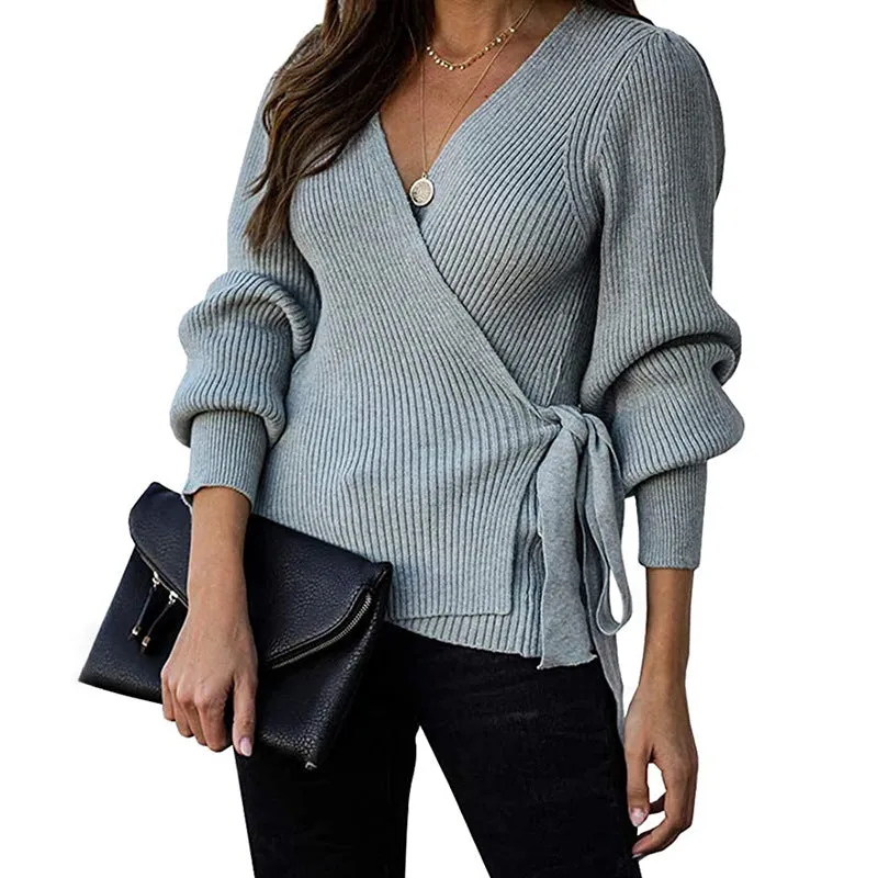 Lantern Sleeve Bow Tie V-neck Knit Sweaters Cardigans