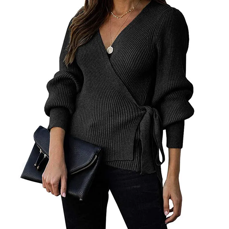 Lantern Sleeve Bow Tie V-neck Knit Sweaters Cardigans