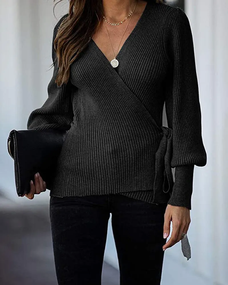 Lantern Sleeve Bow Tie V-neck Knit Sweaters Cardigans