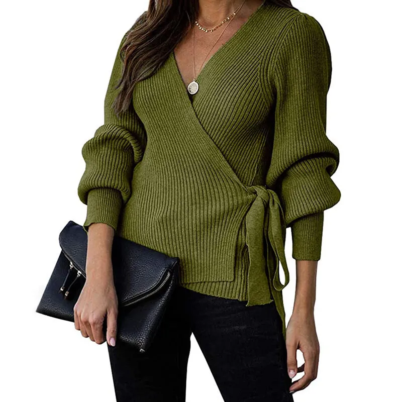Lantern Sleeve Bow Tie V-neck Knit Sweaters Cardigans