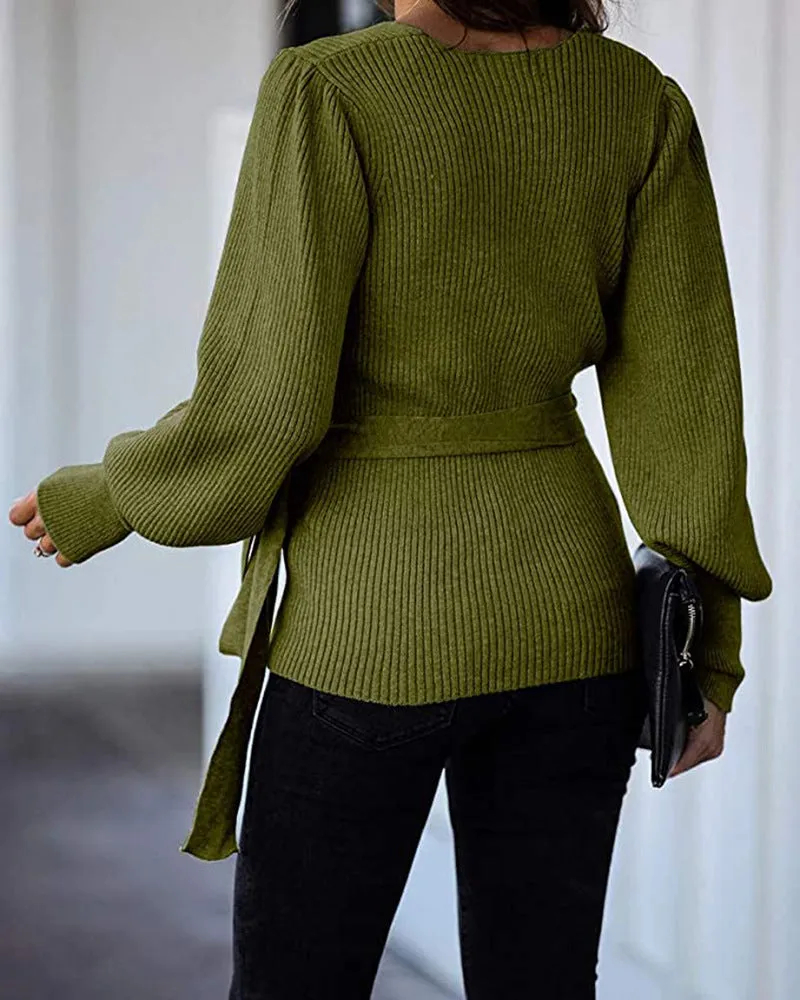 Lantern Sleeve Bow Tie V-neck Knit Sweaters Cardigans
