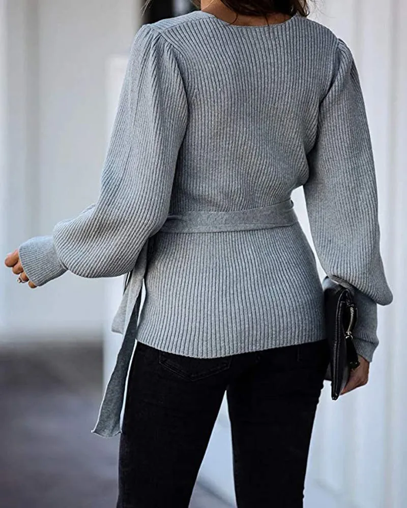 Lantern Sleeve Bow Tie V-neck Knit Sweaters Cardigans