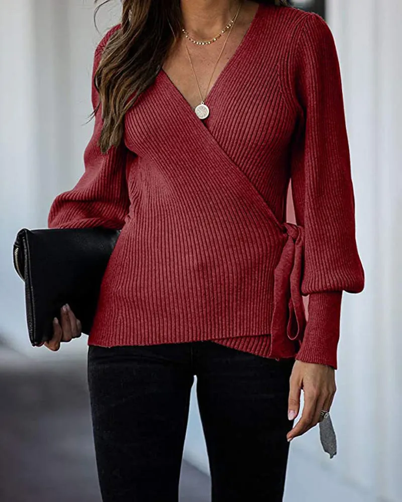 Lantern Sleeve Bow Tie V-neck Knit Sweaters Cardigans