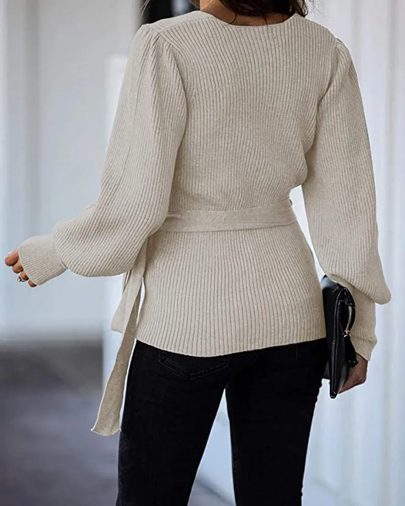 Lantern Sleeve Bow Tie V-neck Knit Sweaters Cardigans