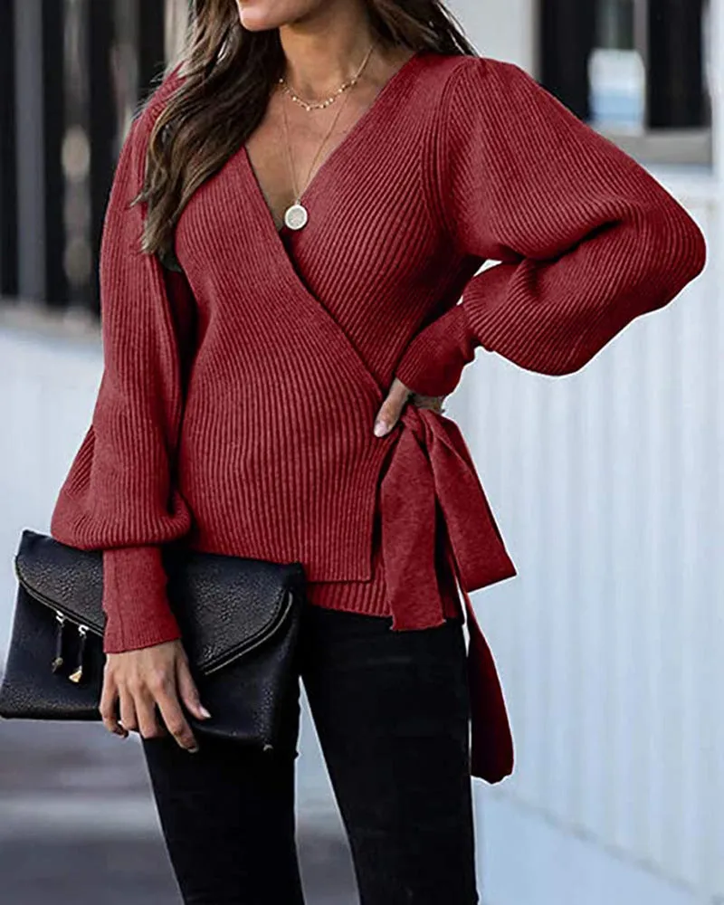 Lantern Sleeve Bow Tie V-neck Knit Sweaters Cardigans