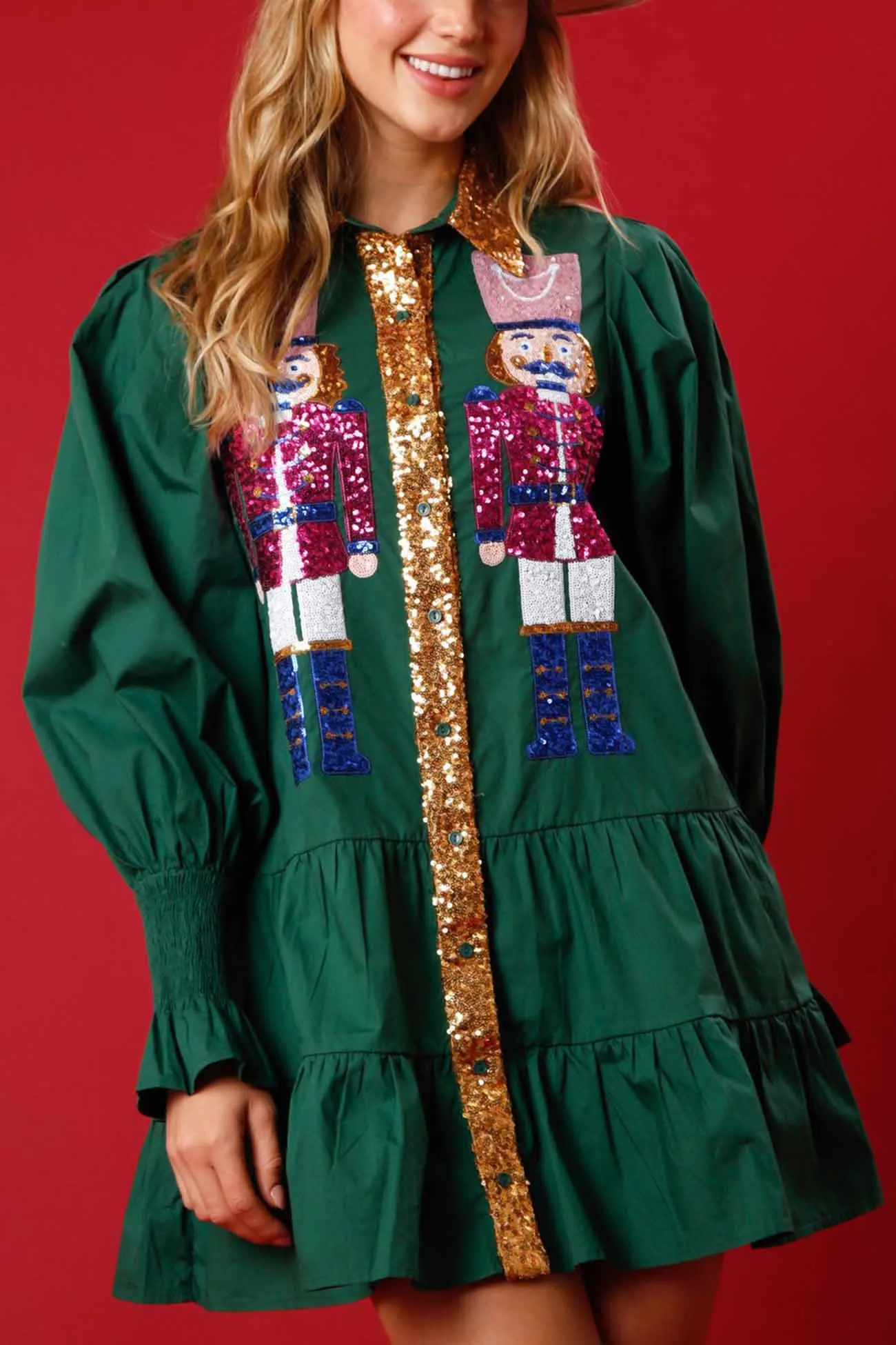 Lapel Button Up Sequin Tiered Mini Dress
