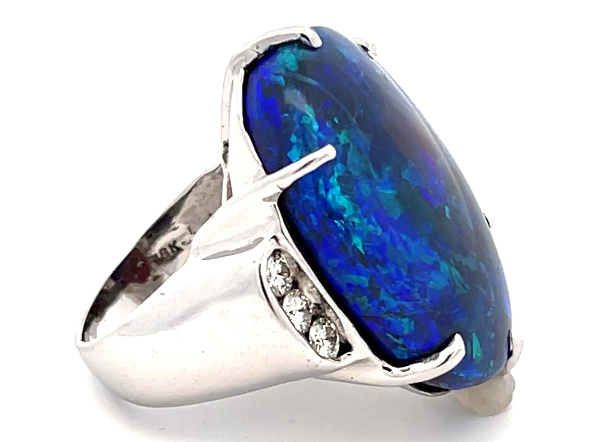 Large Australian Lightning Ridge Black Opal and Diamond Ring in 18k White Gold