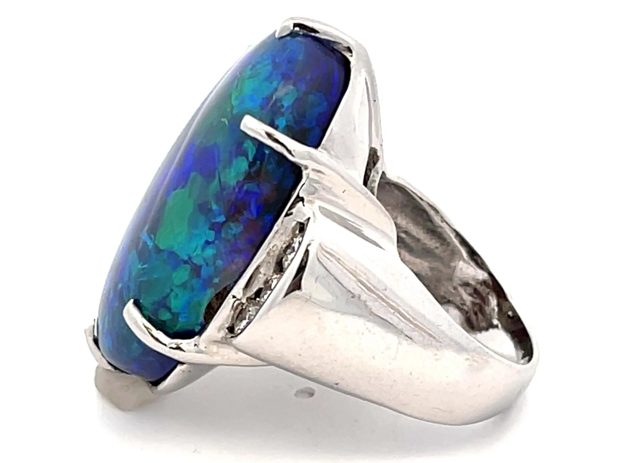 Large Australian Lightning Ridge Black Opal and Diamond Ring in 18k White Gold
