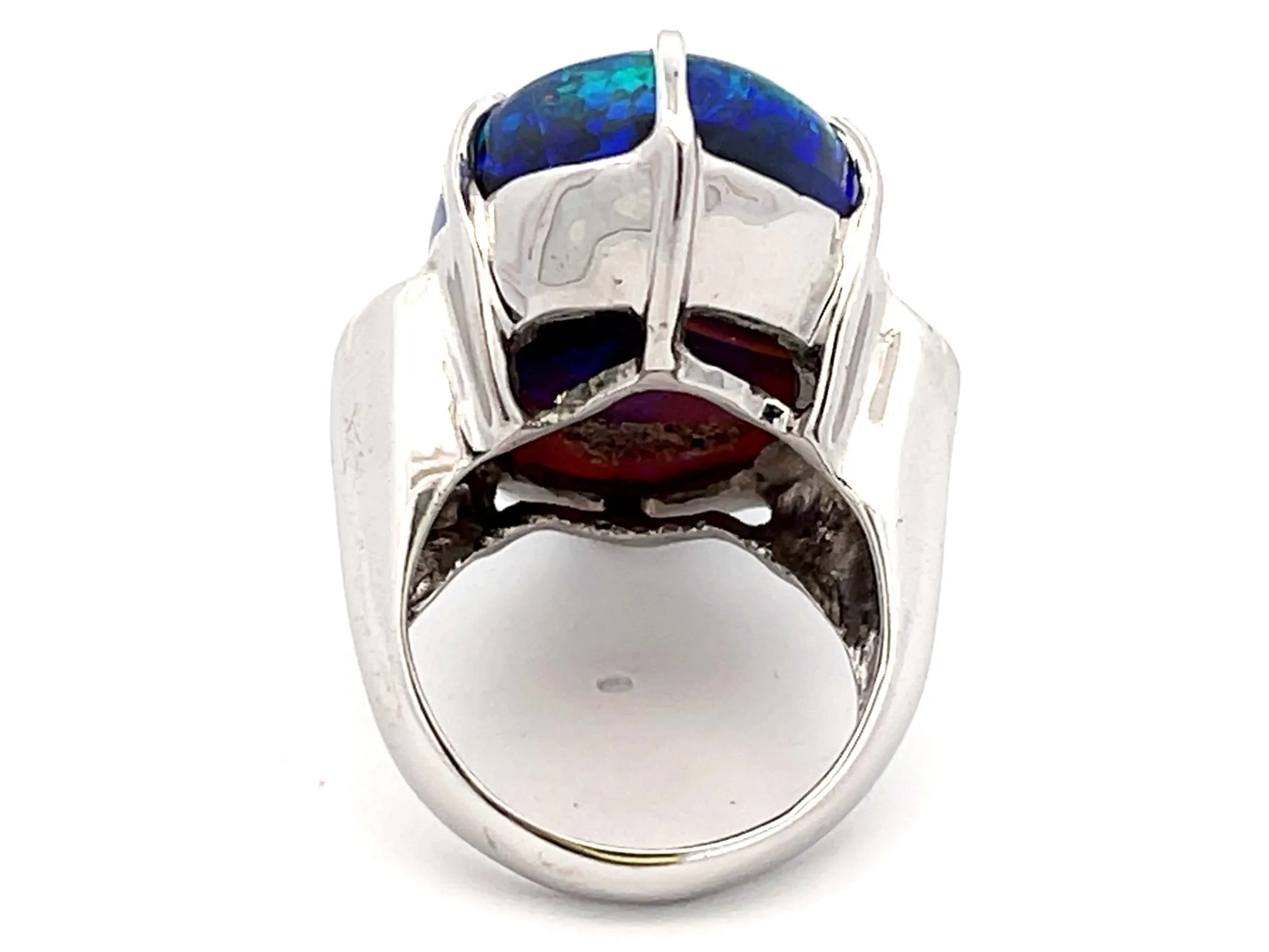Large Australian Lightning Ridge Black Opal and Diamond Ring in 18k White Gold
