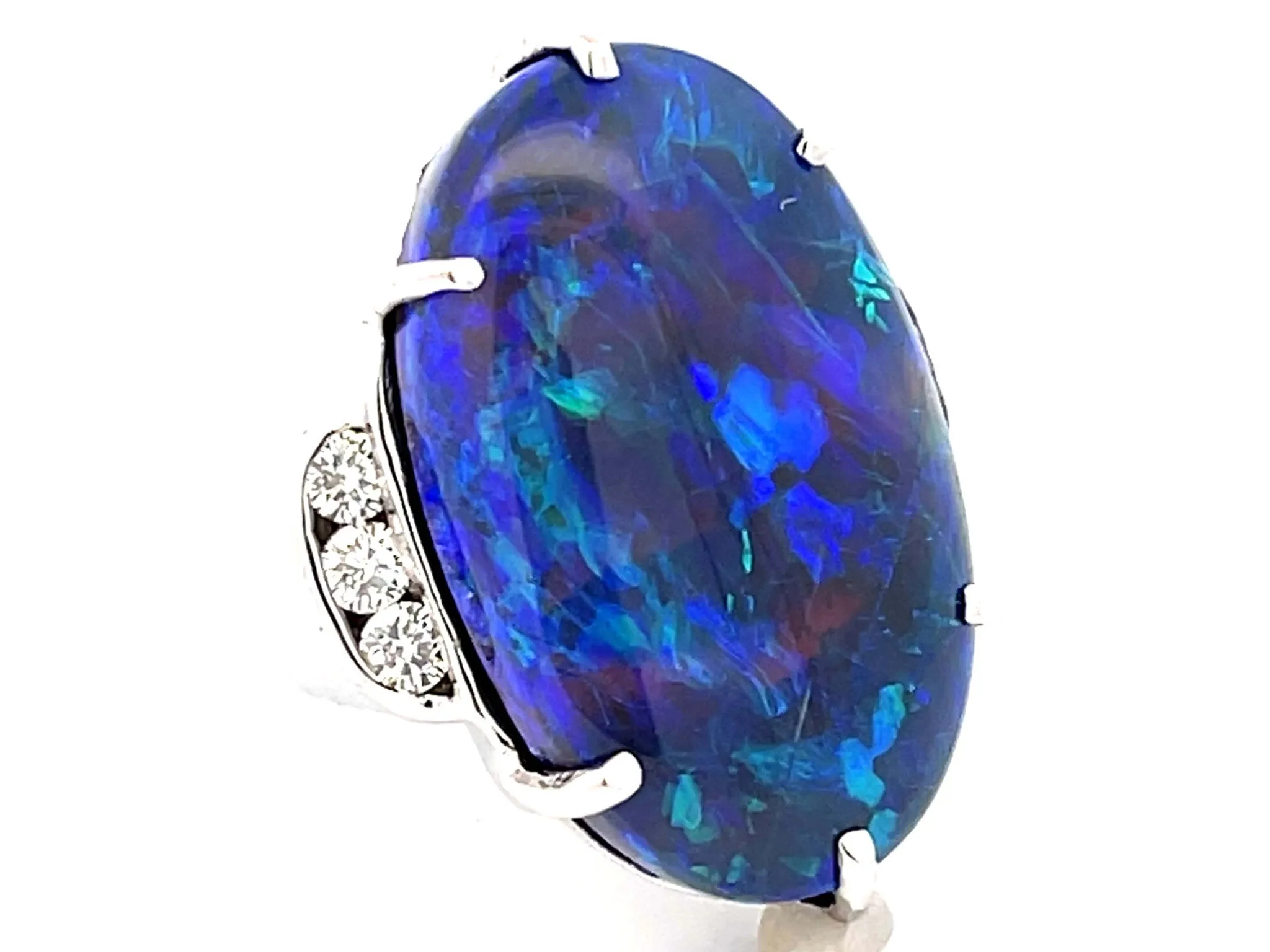 Large Australian Lightning Ridge Black Opal and Diamond Ring in 18k White Gold