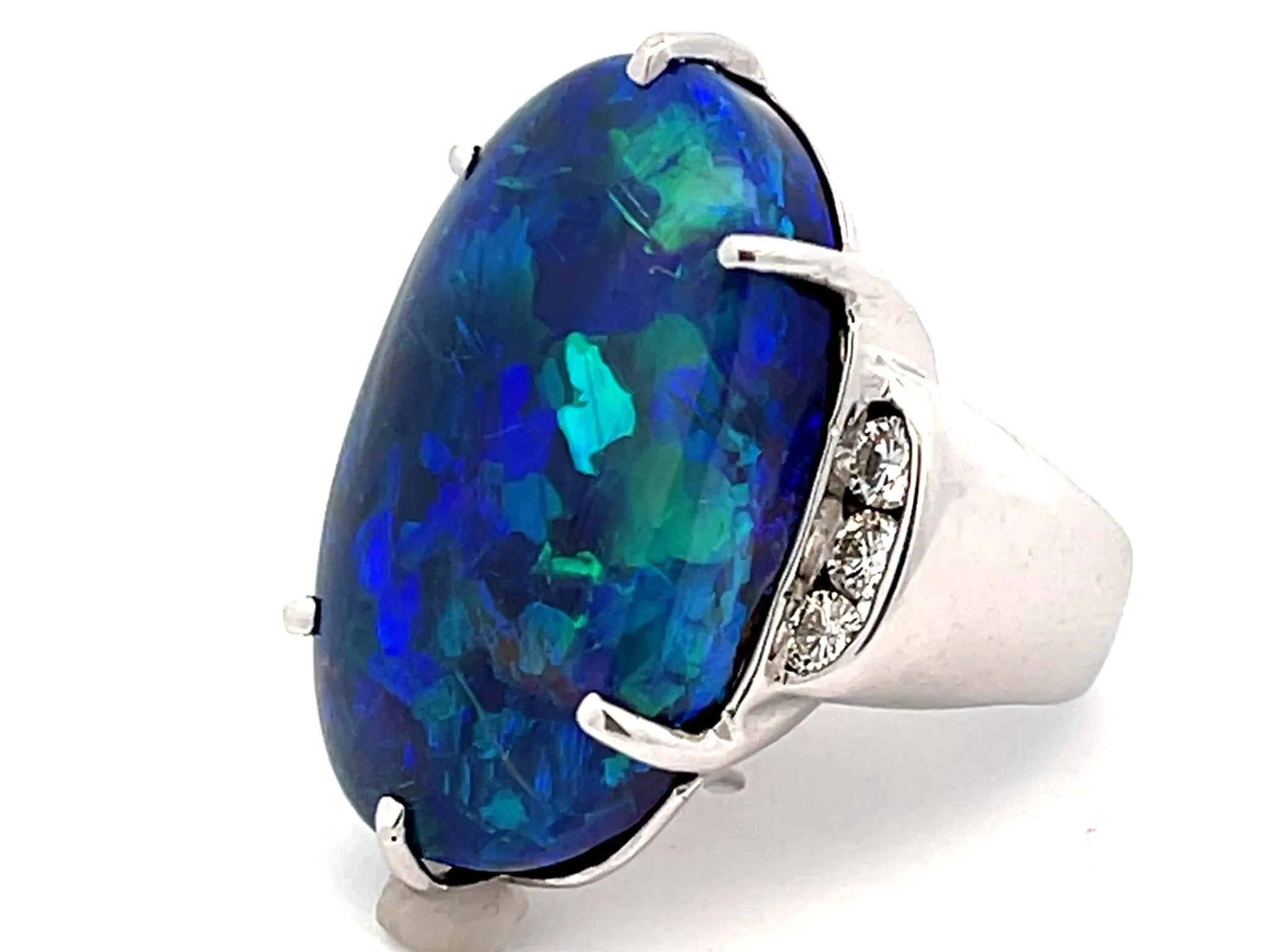 Large Australian Lightning Ridge Black Opal and Diamond Ring in 18k White Gold