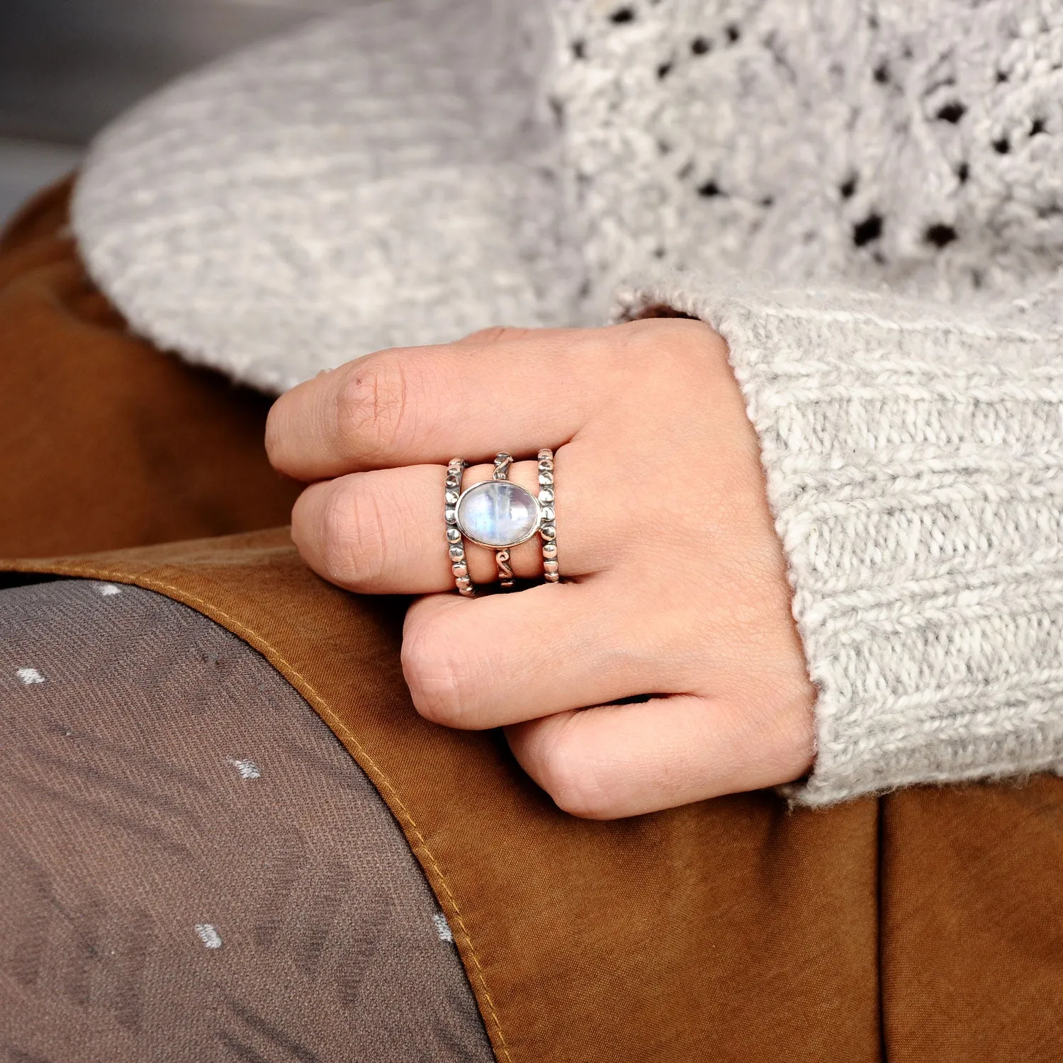 Large Rainbow Moonstone Ring Sterling Silver