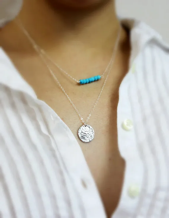 Layered Necklaces Set with Gemstone Bar and Large Disc, 5/8" Disc & 1.5" Bar