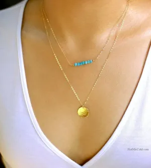 Layered Necklaces Set with Gemstone Bar and Large Disc, 5/8" Disc & 1.5" Bar