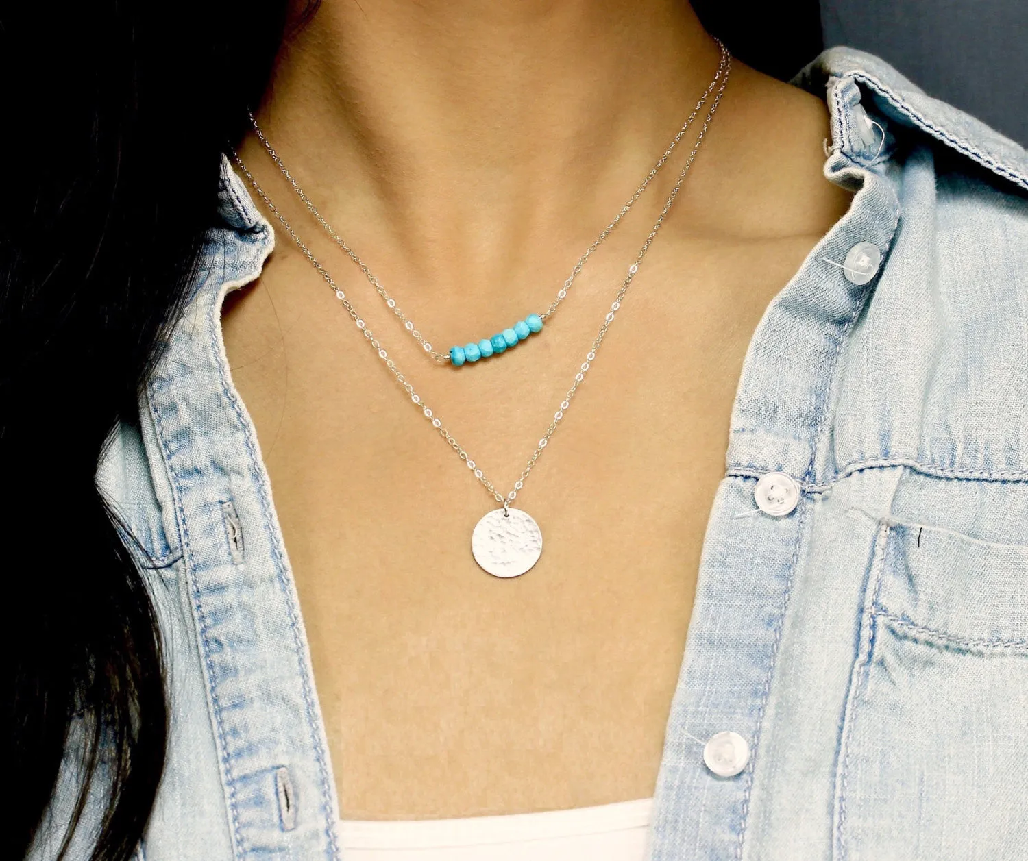Layered Necklaces Set with Gemstone Bar and Large Disc, 5/8" Disc & 1.5" Bar