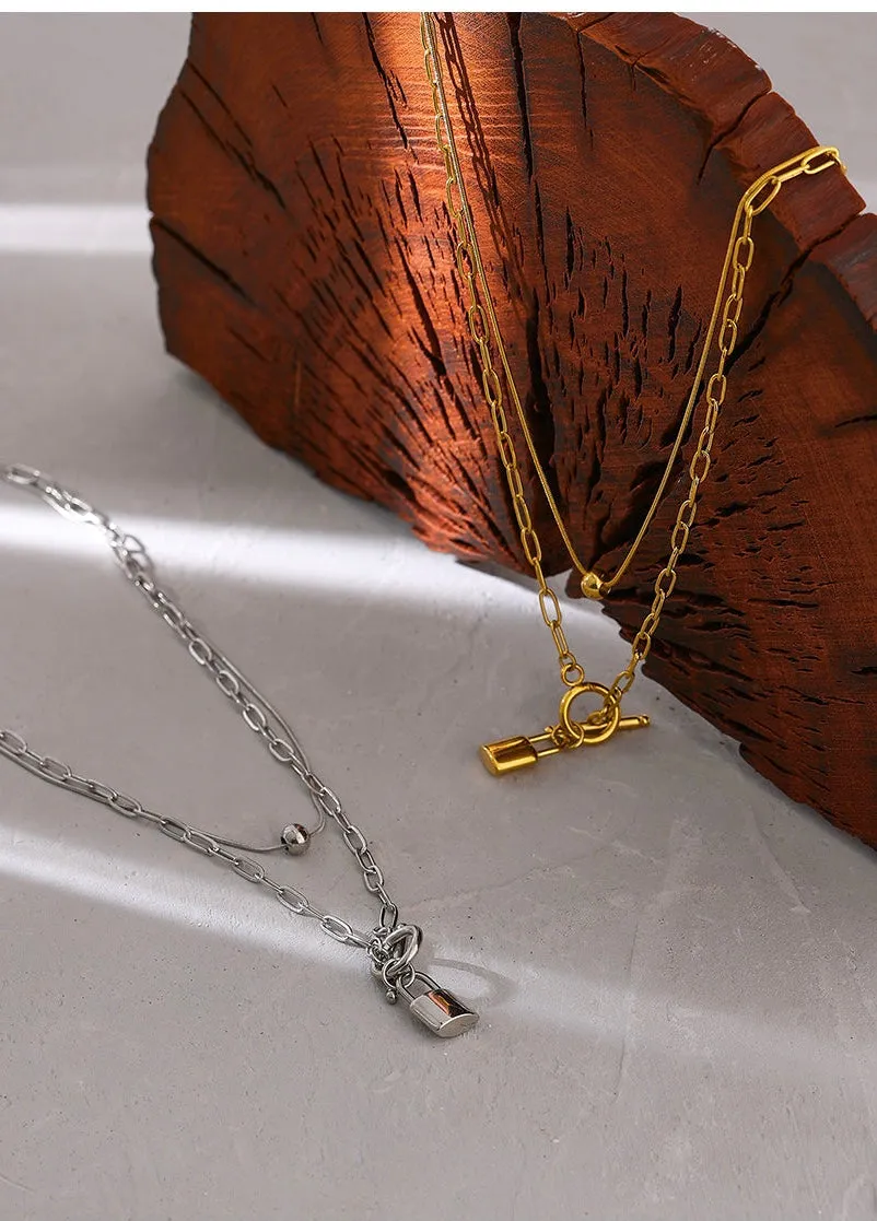 Layered Padlock Toggle Necklaces Gold