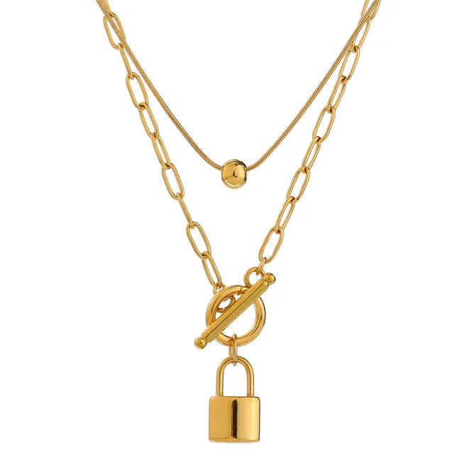 Layered Padlock Toggle Necklaces Gold