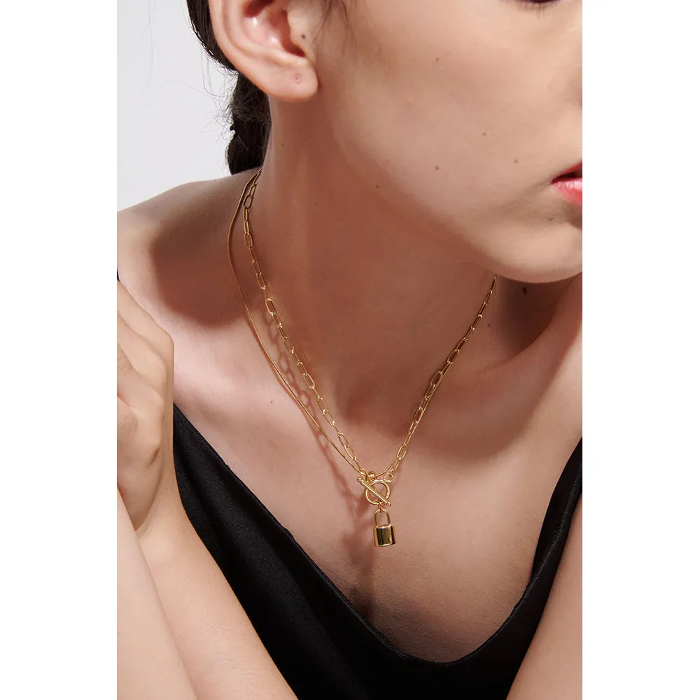 Layered Padlock Toggle Necklaces Gold