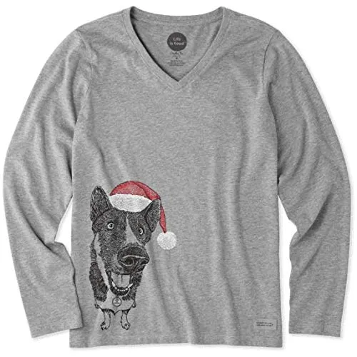 Life Is Good Women's Hoho Long Sleeve Crusher T-shirt Merry Christmutt, Heather Gray, Medium