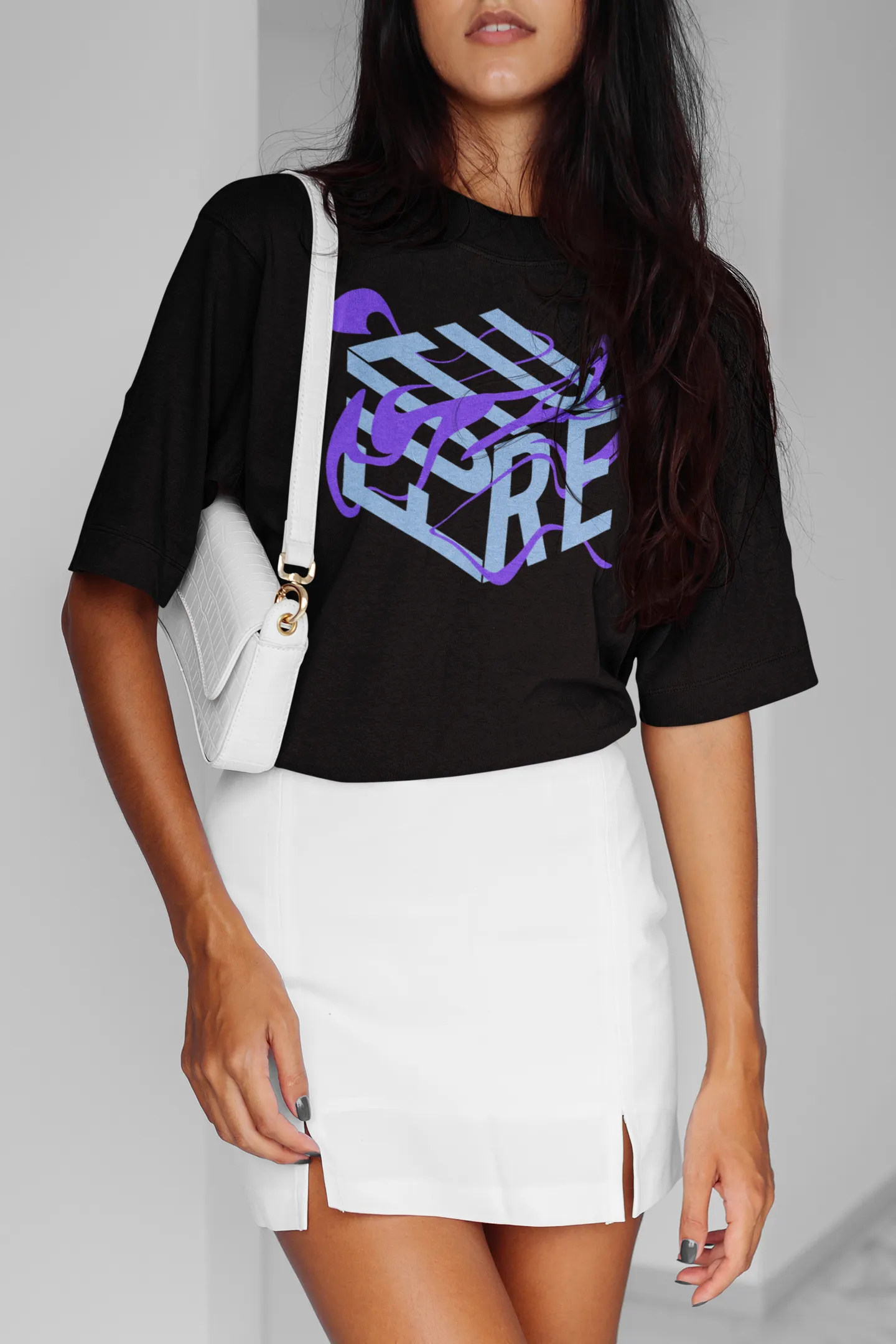 Light Blue and Purple Future is Fluid Abstract Surrealism Graphic on front of Black Oversize Deep Drop Shoulder Tee - 190 GSM