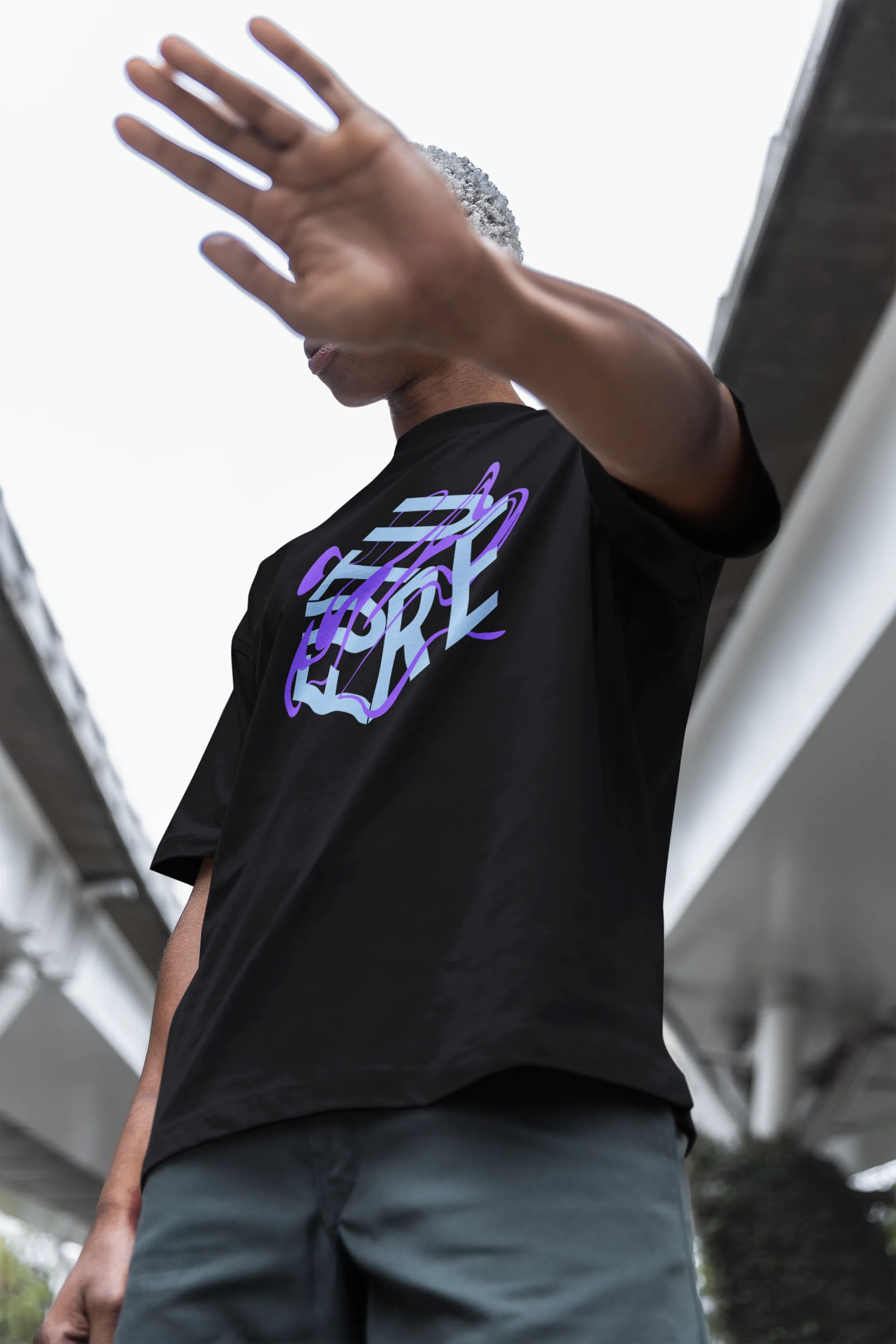 Light Blue and Purple Future is Fluid Abstract Surrealism Graphic on front of Black Oversize Deep Drop Shoulder Tee - 190 GSM
