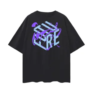Light Blue and Purple Future is Fluid Abstract Surrealism Graphic on front of Black Oversize Deep Drop Shoulder Tee - 190 GSM