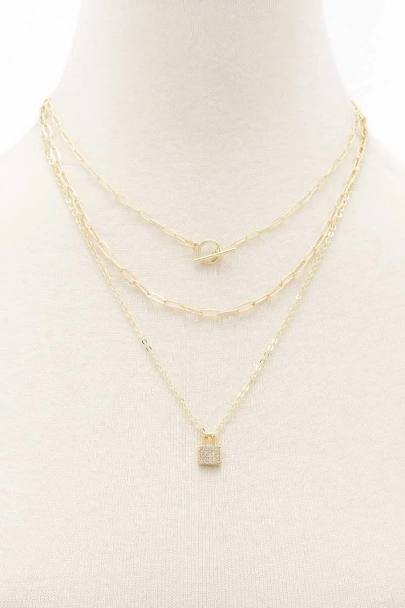 Lock Charm Oval Link Layered Necklace