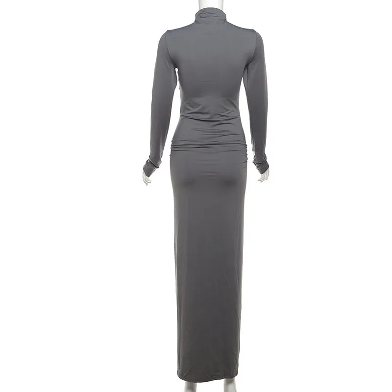 Long Sleeve Mock Neck Ruched Maxi Dress