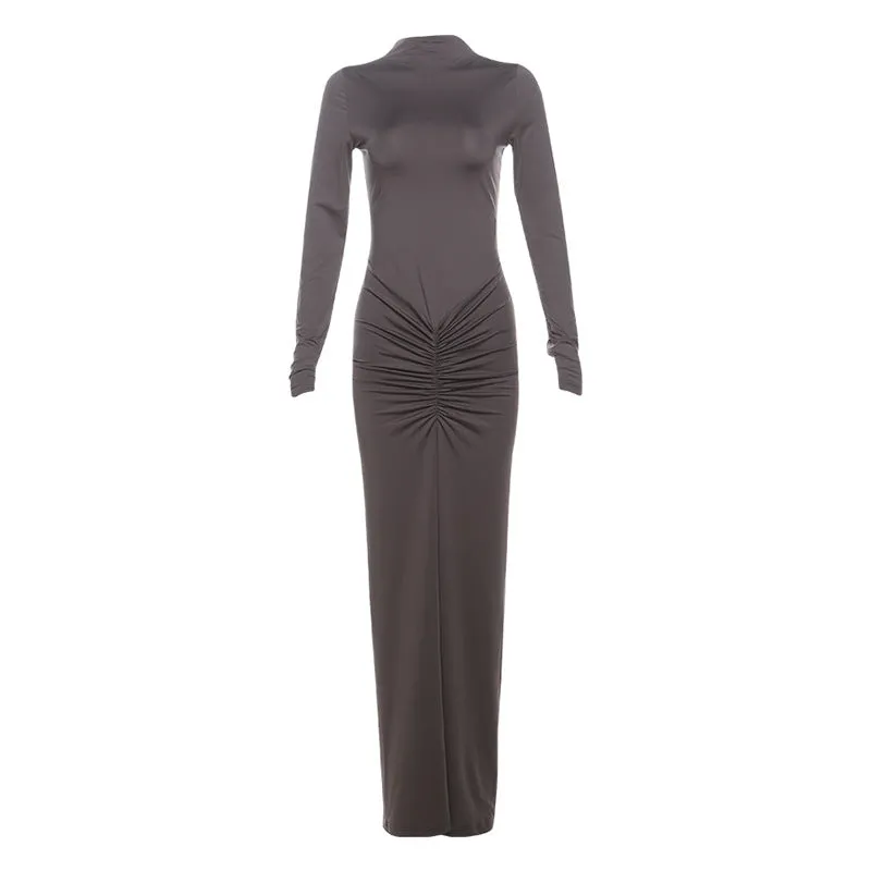 Long Sleeve Mock Neck Ruched Maxi Dress