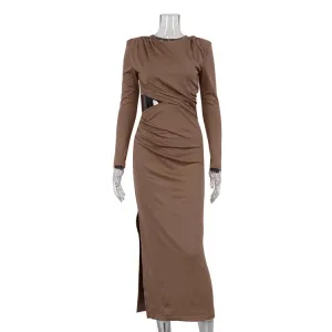 Long Sleeve Shoulder Pad Cut Out Maxi Dress