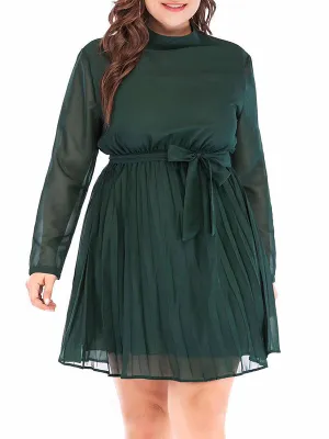 Long-sleeve Stand-up Collar Solid Pleated Chiffon Dress Plus Size